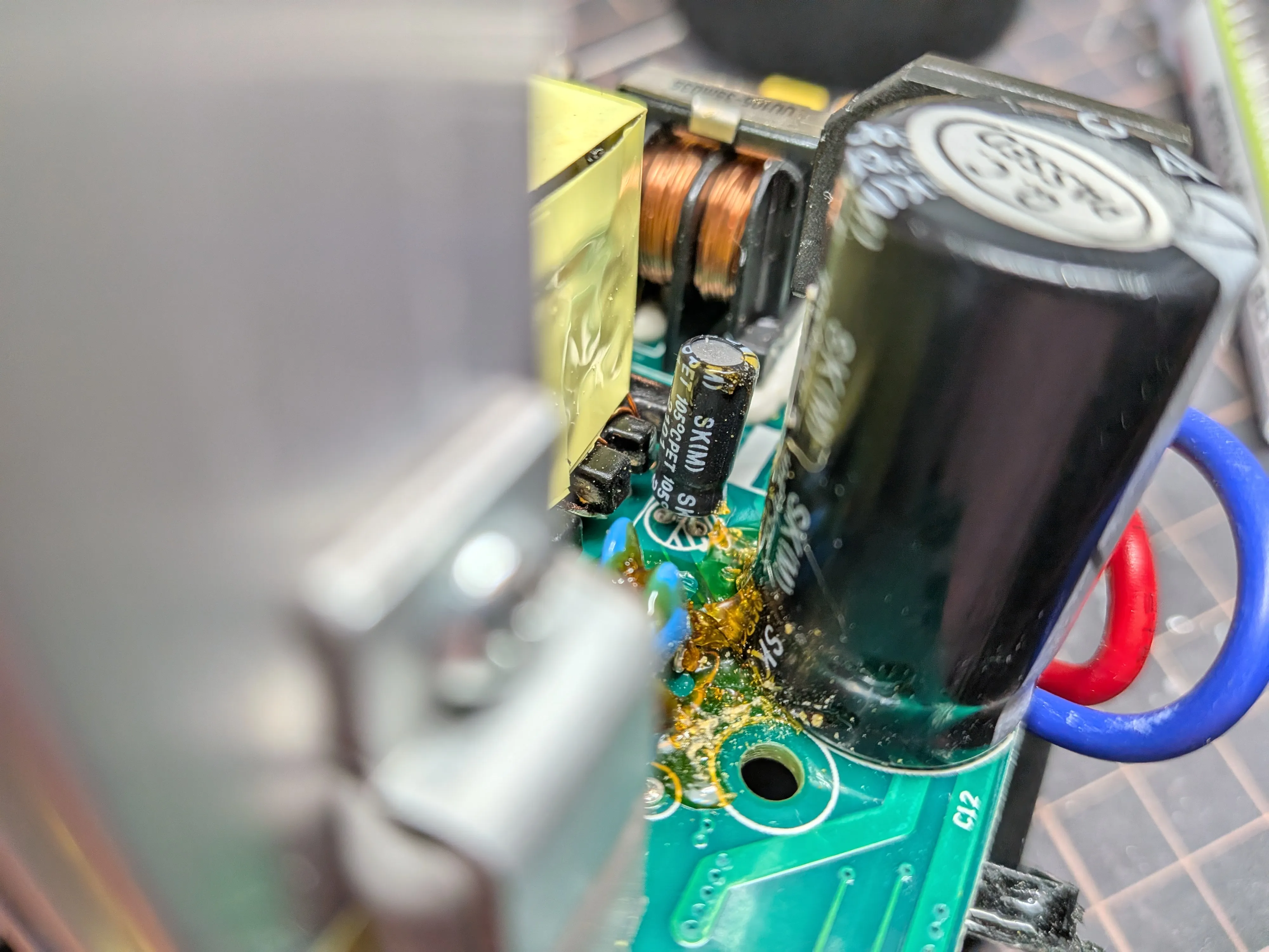 Close-up of Cap-top capacitors on the PCB