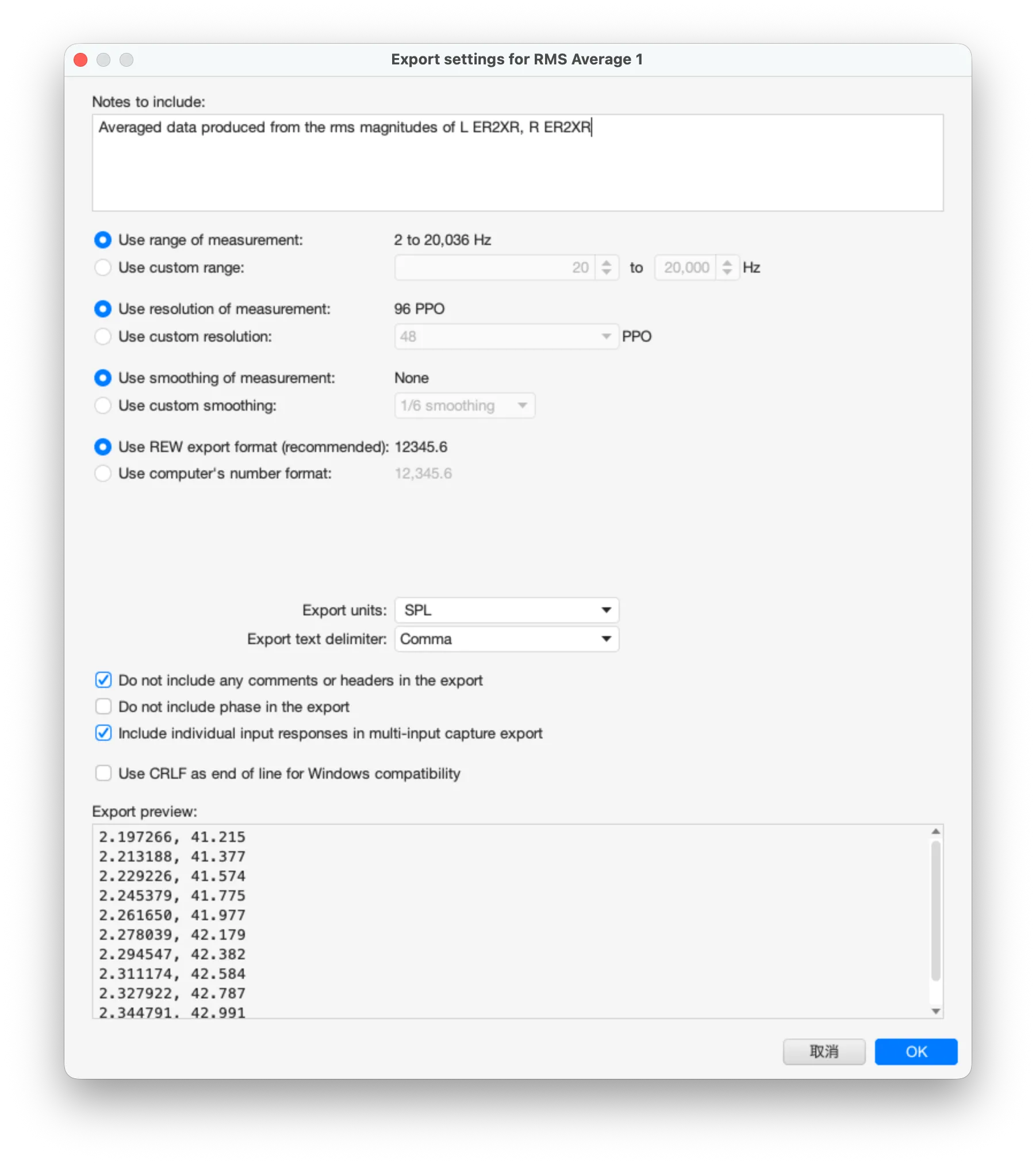 REW export settings