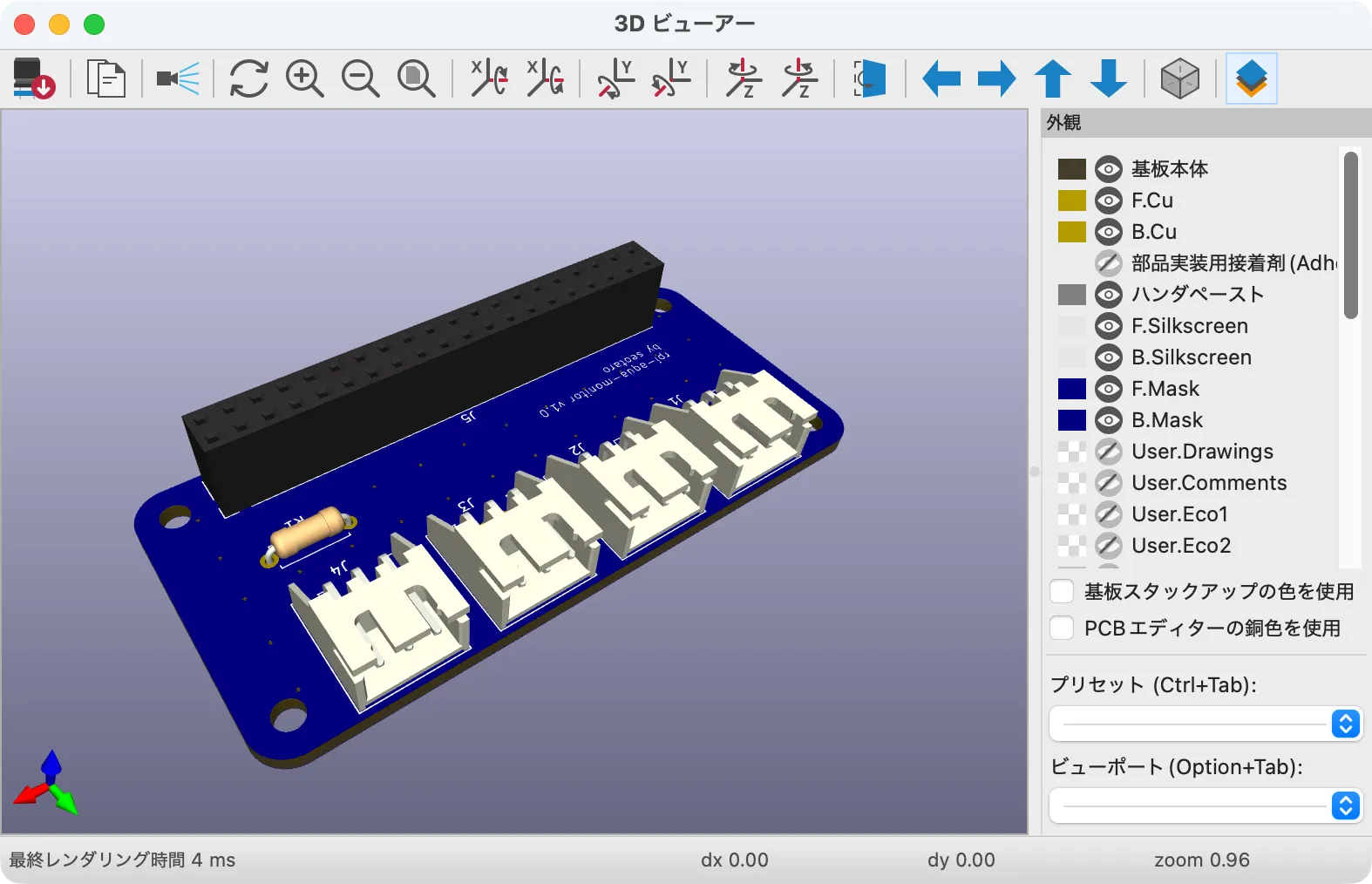 KiCad 3D viewer preview of the PCB